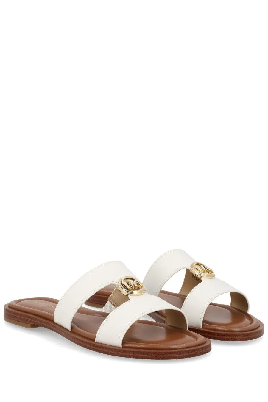 Michael Kors women’s sandalo Erin white leather slide sandals with gold-tone logo hardware and brown rubber soles