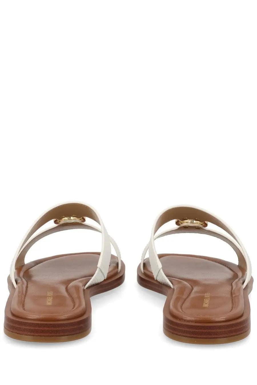 Michael Kors Women’s Sandalo Erin white leather thong sandals with gold-tone hardware and brown rubber soles