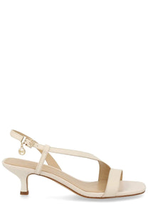 Cream-colored leather michael kors women’s sandalo jaida con tacco white sandal with low heel and gold-tone logo charm ankle strap
