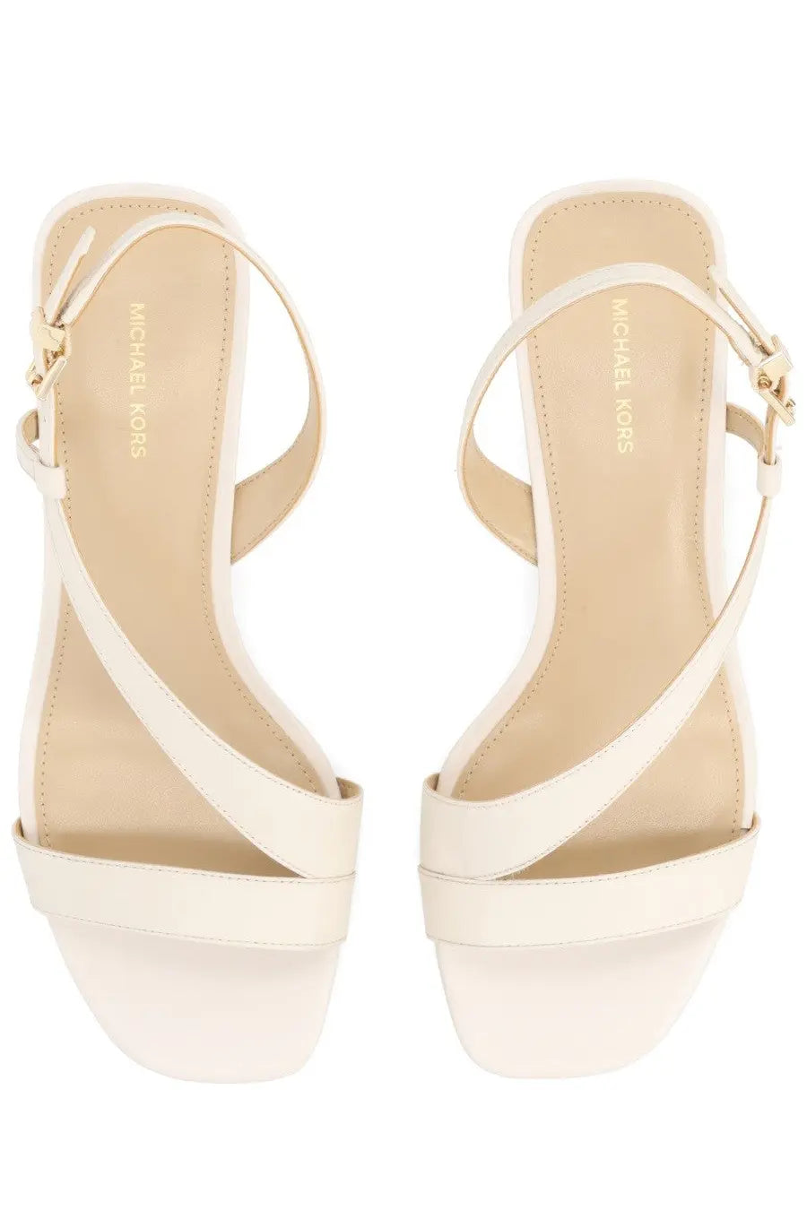 Cream-colored michael kors women’s sandalo jaida con tacco strappy sandals with gold-tone buckle accents