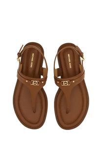 Brown leather michael kors womens thong sandals with beige tone and gold logo hardware for casual wear