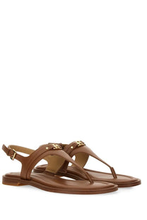 Brown leather thong sandals with gold-tone Michael Kors logo hardware in beige for women casual wear