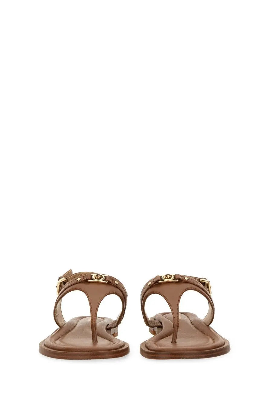 Michael Kors women’s sandalo mandy beige brown leather thong sandals with gold-tone hardware and logo emblem on strap