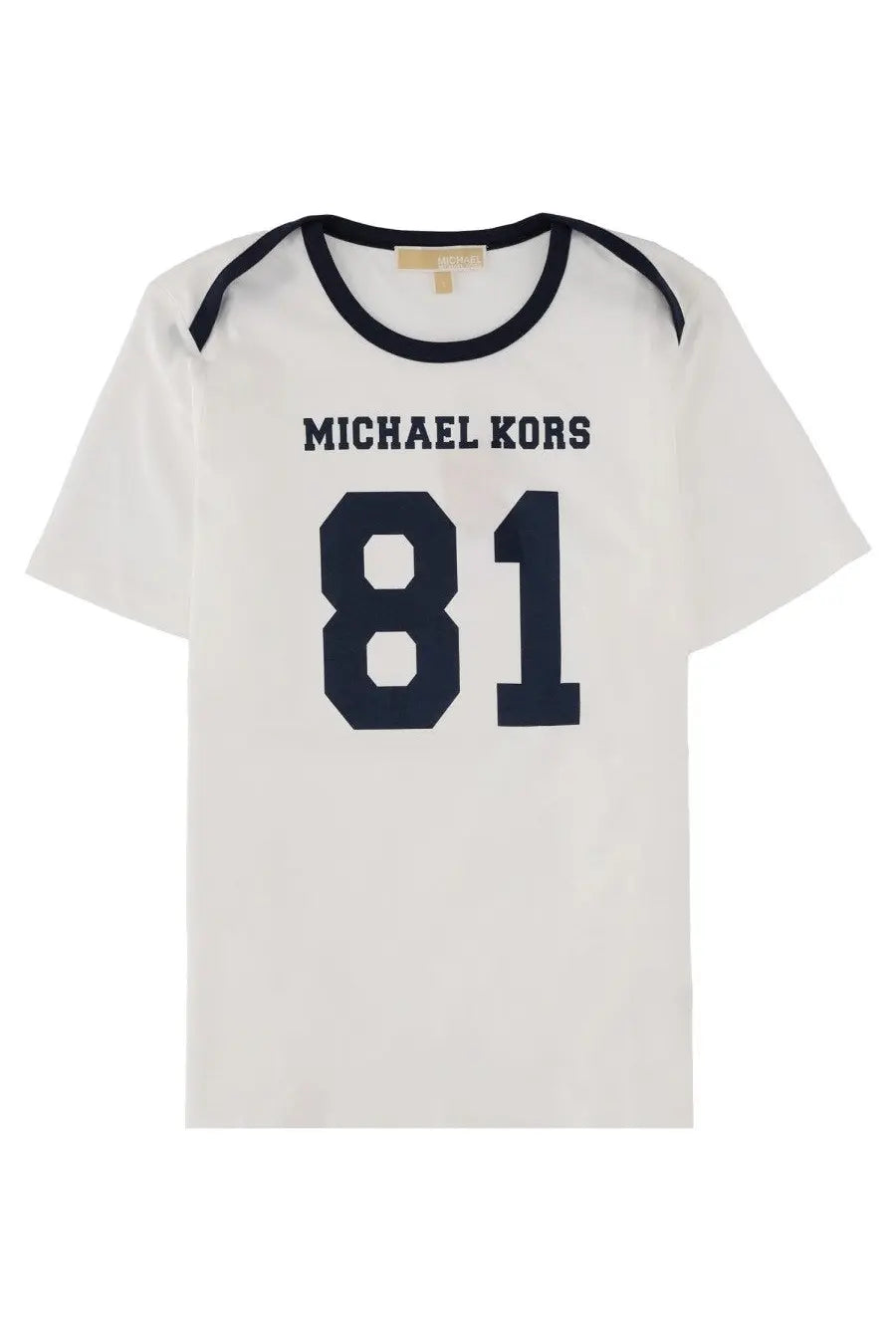 Michael Kors women’s white t-shirt with navy 81 and logo print, black ribbed neckline and sleeve cuffs