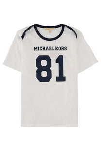 Michael Kors women’s white t-shirt with navy 81 and logo print, black ribbed neckline and sleeve cuffs