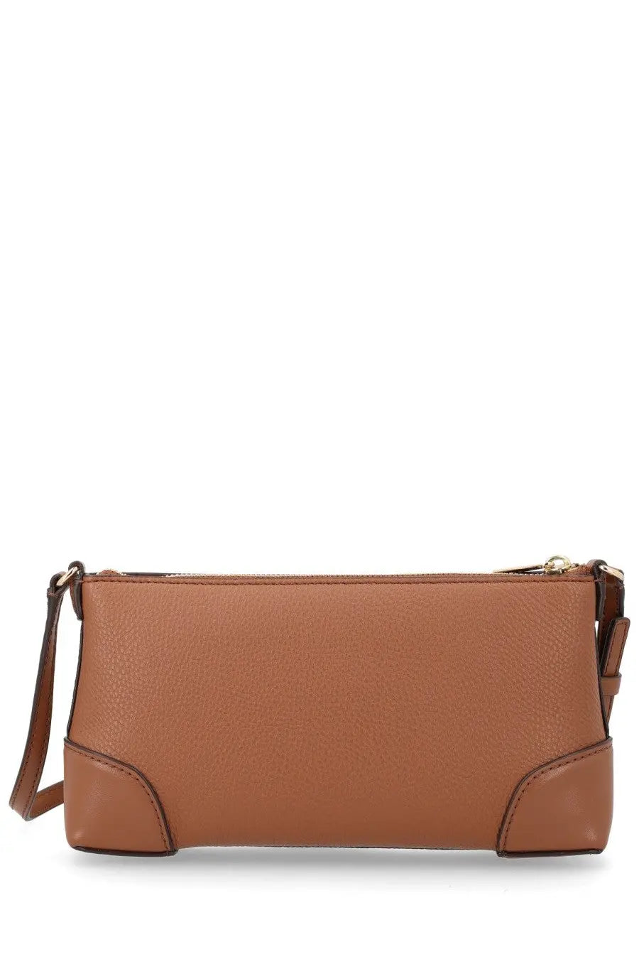 Michael Kors women’s brown tan leather crossbody clutch with gold-tone zipper and adjustable shoulder strap