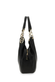 Black leather michael kors womens shoulder hobo bag with gold-tone chain and handle accents in large lillie style