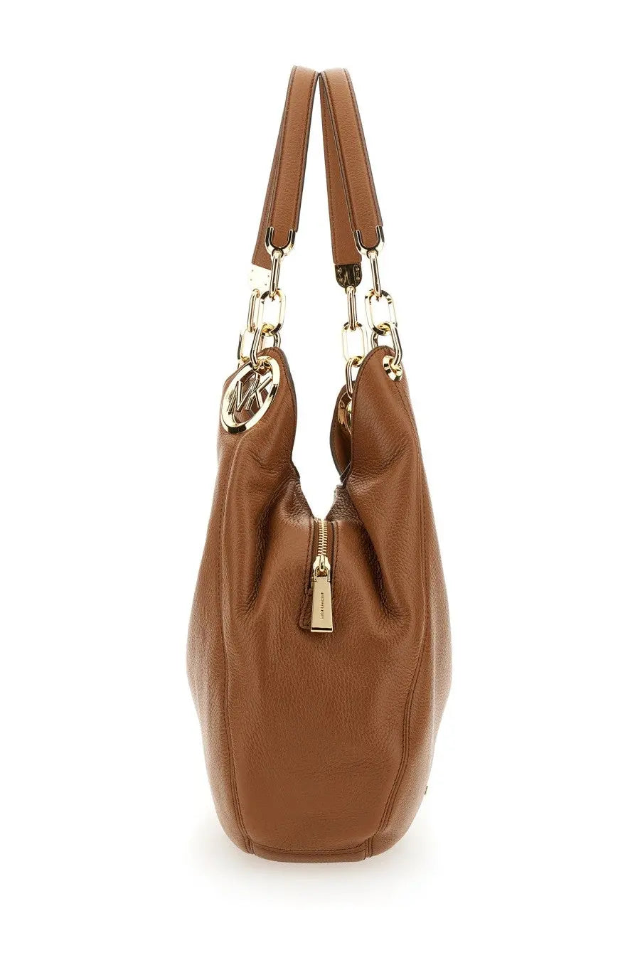 Brown leather michael kors lillie large hobo bag with gold-tone chain and logo hardware for women shoulder use