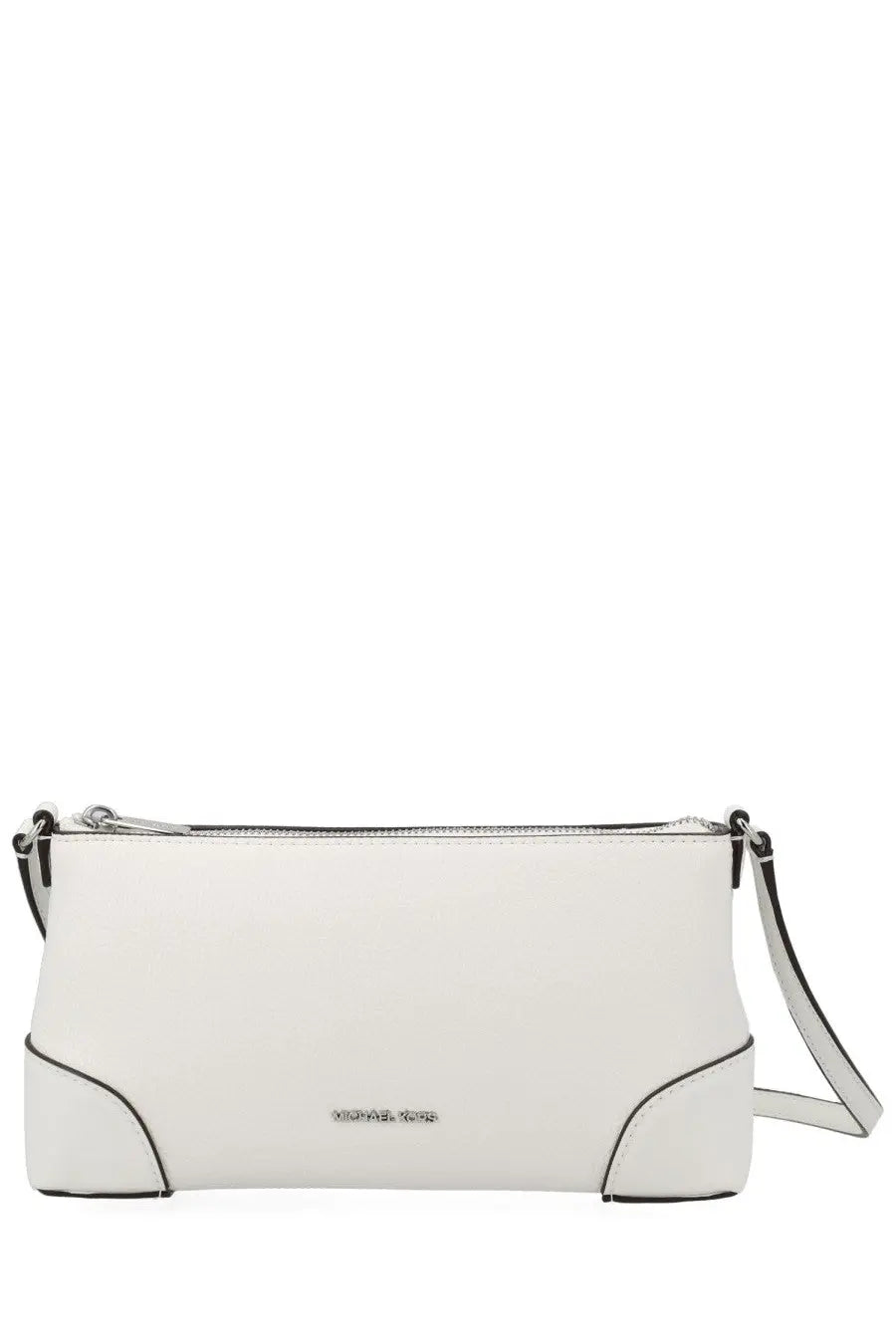 Michael Kors women’s white leather crossbody shoulder bag with black stitching and silver-tone hardware