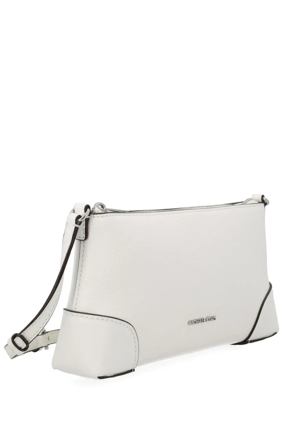 Michael Kors white leather crossbody shoulder bag with black stitching and silver-tone logo plaque