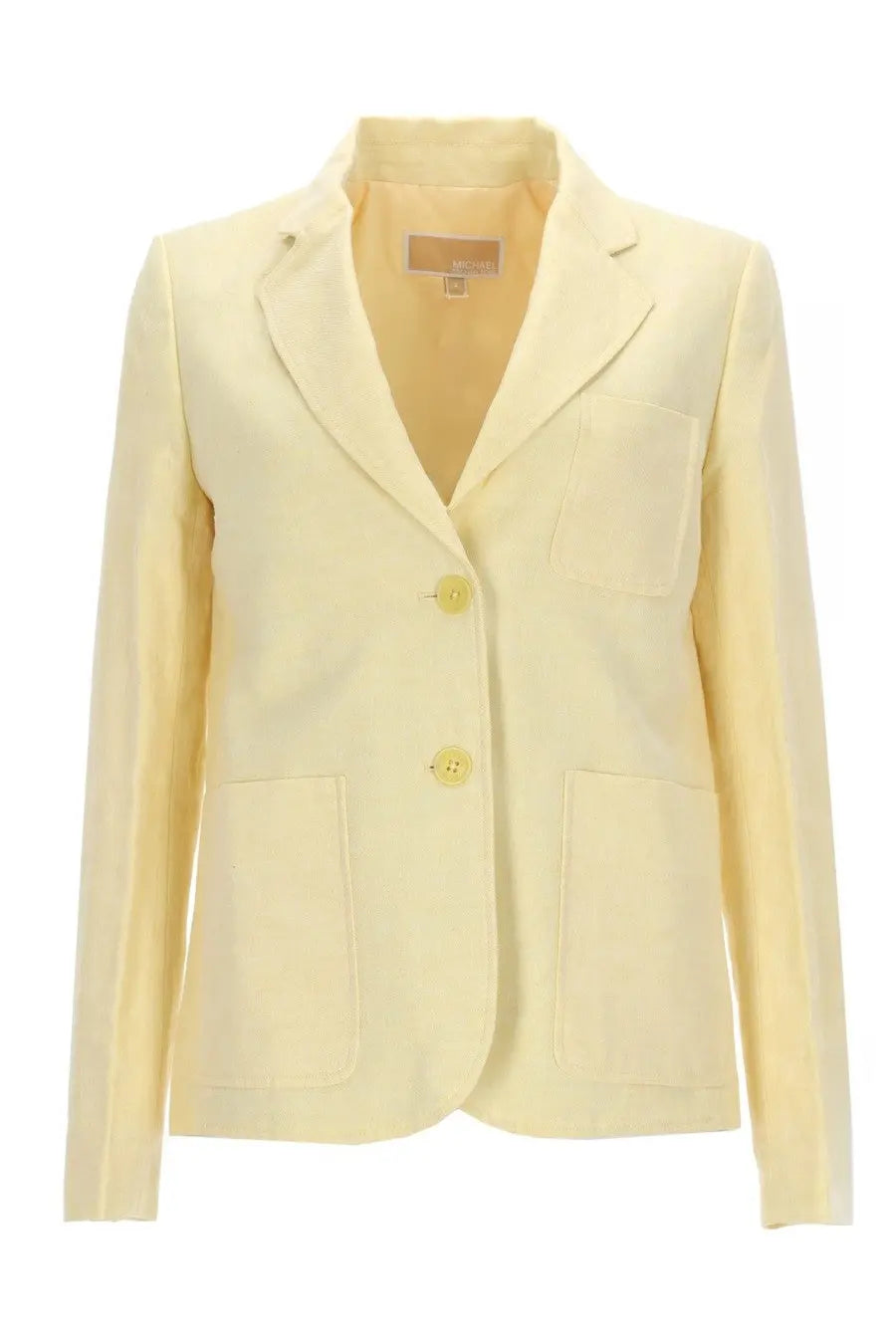 Michael Kors women’s single breasted linen blazer in pale yellow with structured fit two front buttons and flap pockets