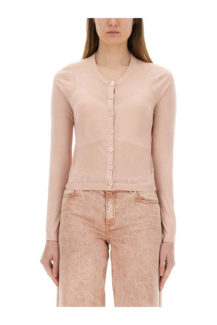 Michael kors women’s slim fit cardigan in soft blush pink with long sleeves round neckline and matching buttons