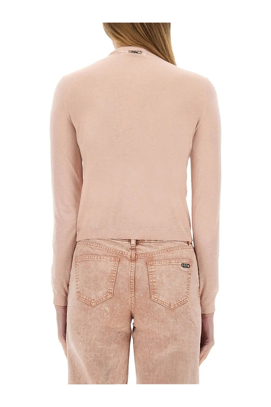 Michael Kors women’s slim fit cardigan in blue with soft blush pink long-sleeved knit top featuring ribbed hem and neckline
