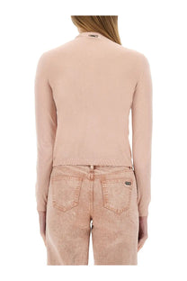 Michael Kors women’s slim fit cardigan in blue with soft blush pink long-sleeved knit top featuring ribbed hem and neckline