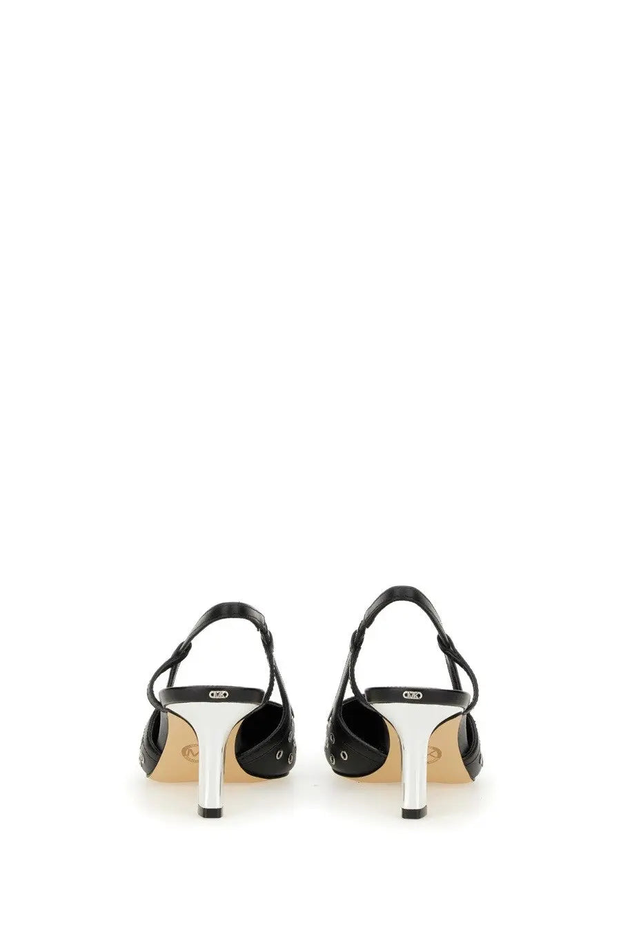 Michael Kors women’s black leather slingback Alora heels with silver stiletto heels and decorative eyelet details