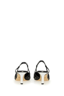 Michael Kors women’s black leather slingback Alora heels with silver stiletto heels and decorative eyelet details