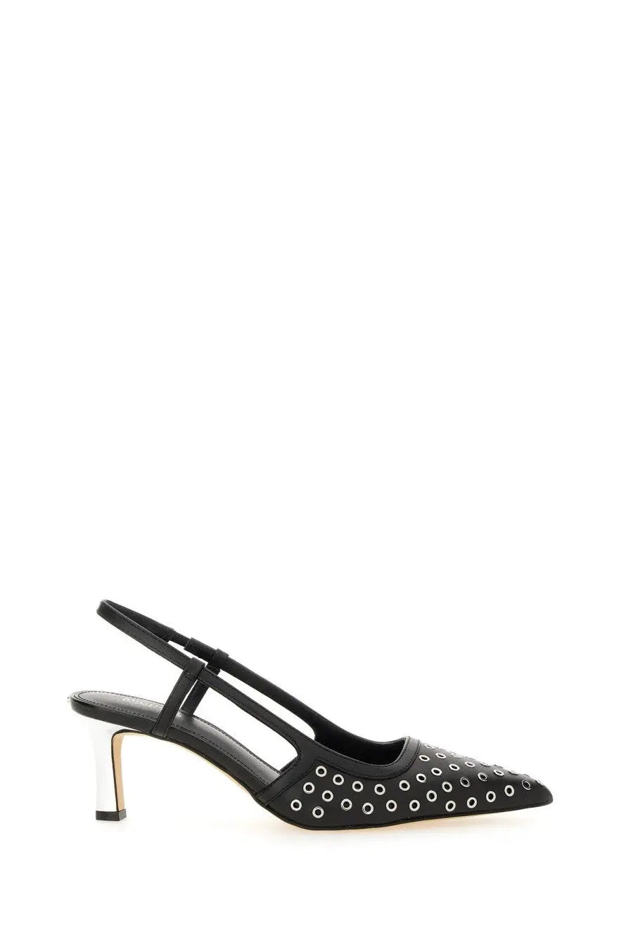 Michael Kors women’s black leather slingback Alora pump with silver eyelet detailing and metallic heel