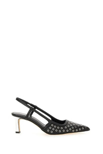 Michael Kors women’s black leather slingback Alora pump with silver eyelet detailing and metallic heel