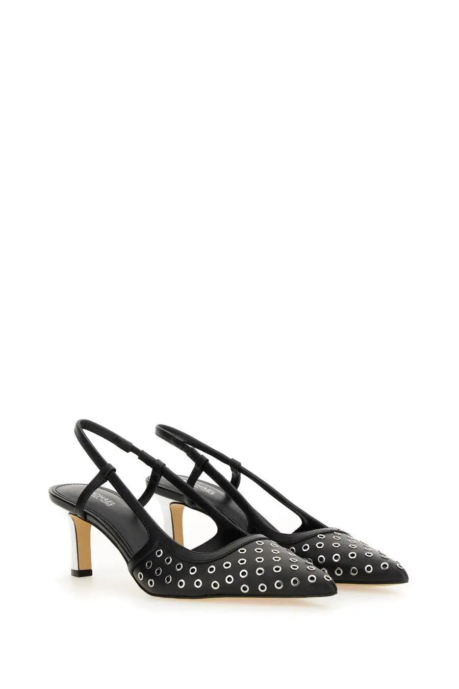 Black satin michael kors women’s slingback alora heels with silver eyelet detailing and metallic heel visible from back