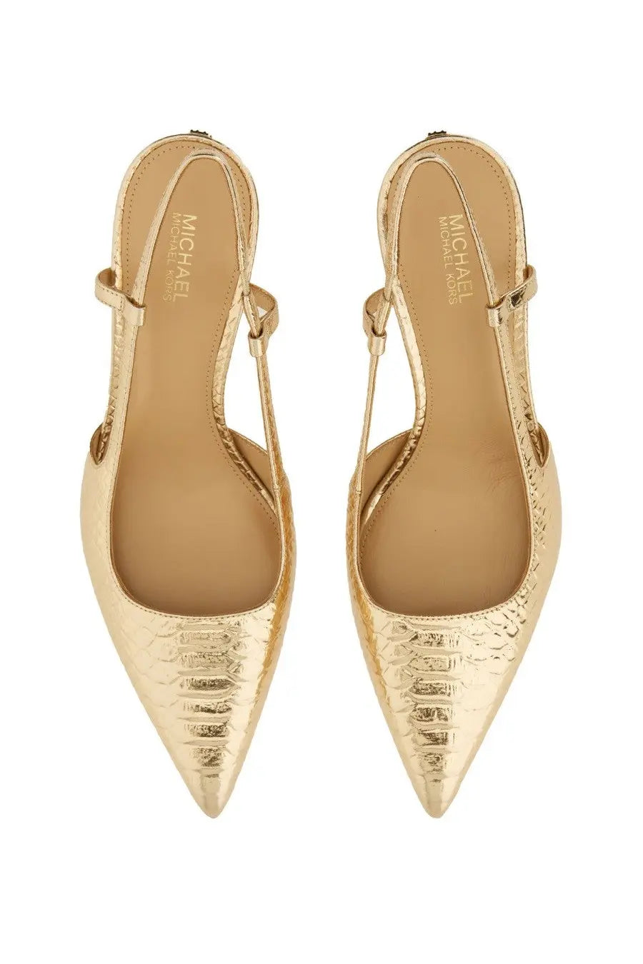 Michael Kors women’s gold slingback pumps with snakeskin texture and pointed toe design