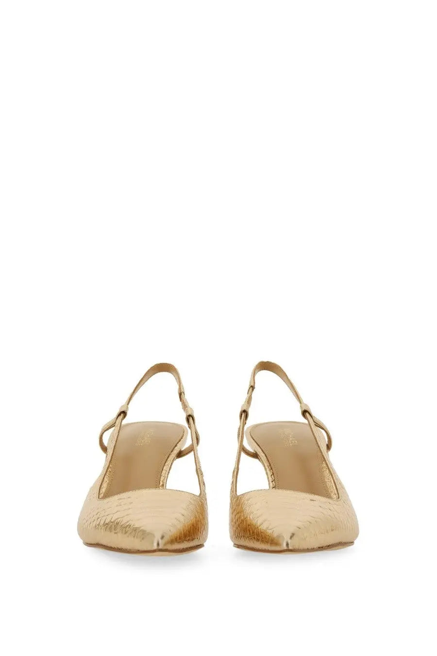 Michael Kors women’s slingback pumps in gold with snakeskin pattern, pointed toe, and thin ankle strap