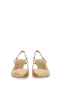 Michael Kors women’s slingback pumps in gold with snakeskin pattern, pointed toe, and thin ankle strap