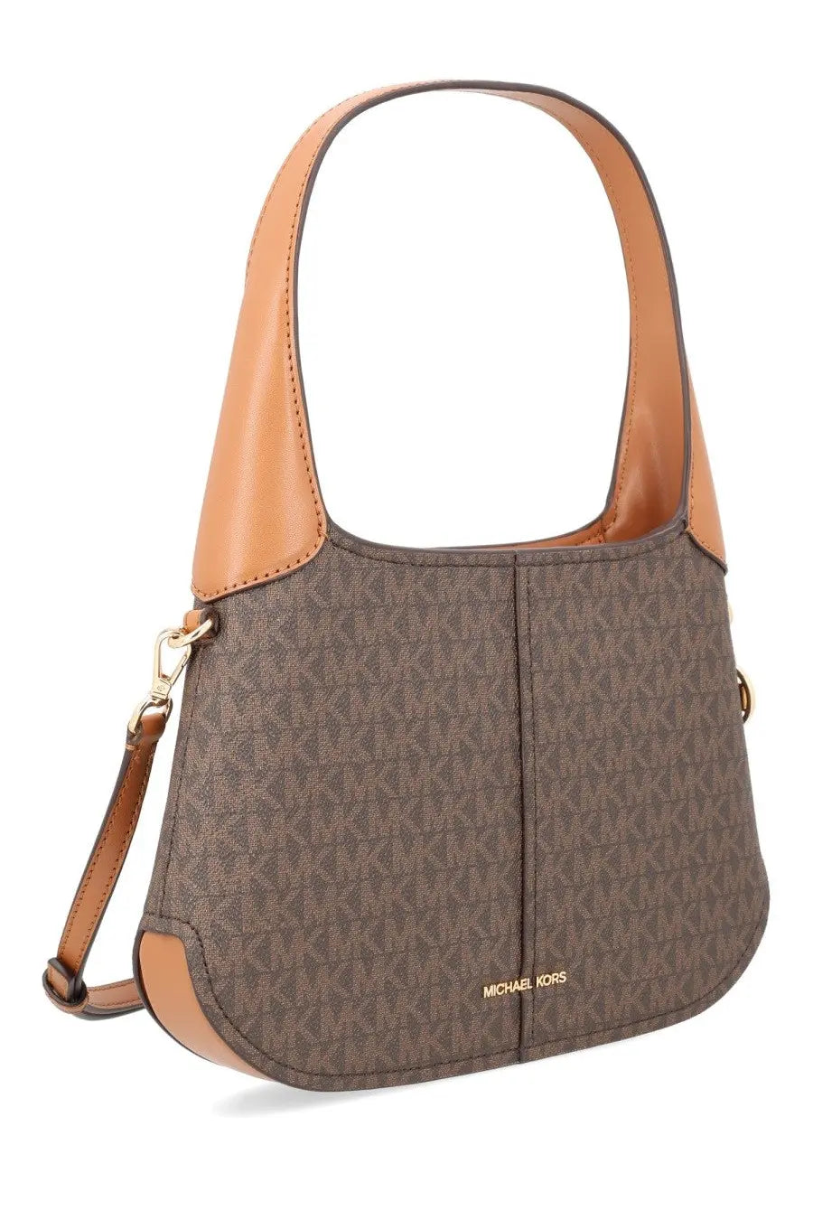 Michael Kors women’s small Alice bag brown with tan leather accents and repeating monogram pattern handbag