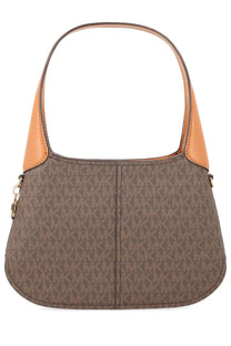 Michael Kors women’s small Alice bag brown with tan leather accents and repeating monogram pattern