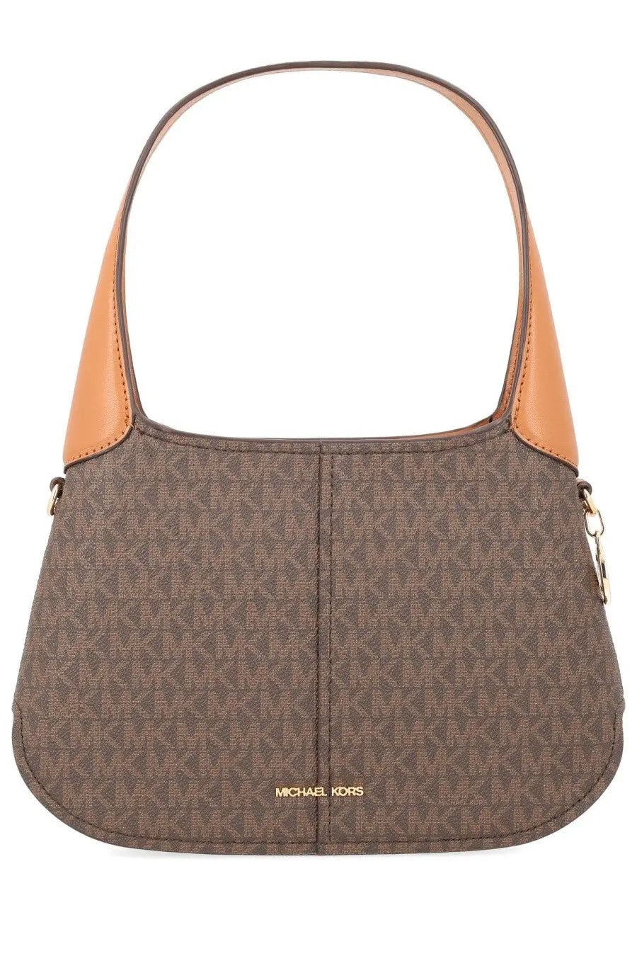 Brown Michael Kors women’s small Alice handbag with tan leather accents and repeating monogram pattern