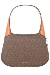 Brown Michael Kors women’s small Alice handbag with tan leather accents and repeating monogram pattern