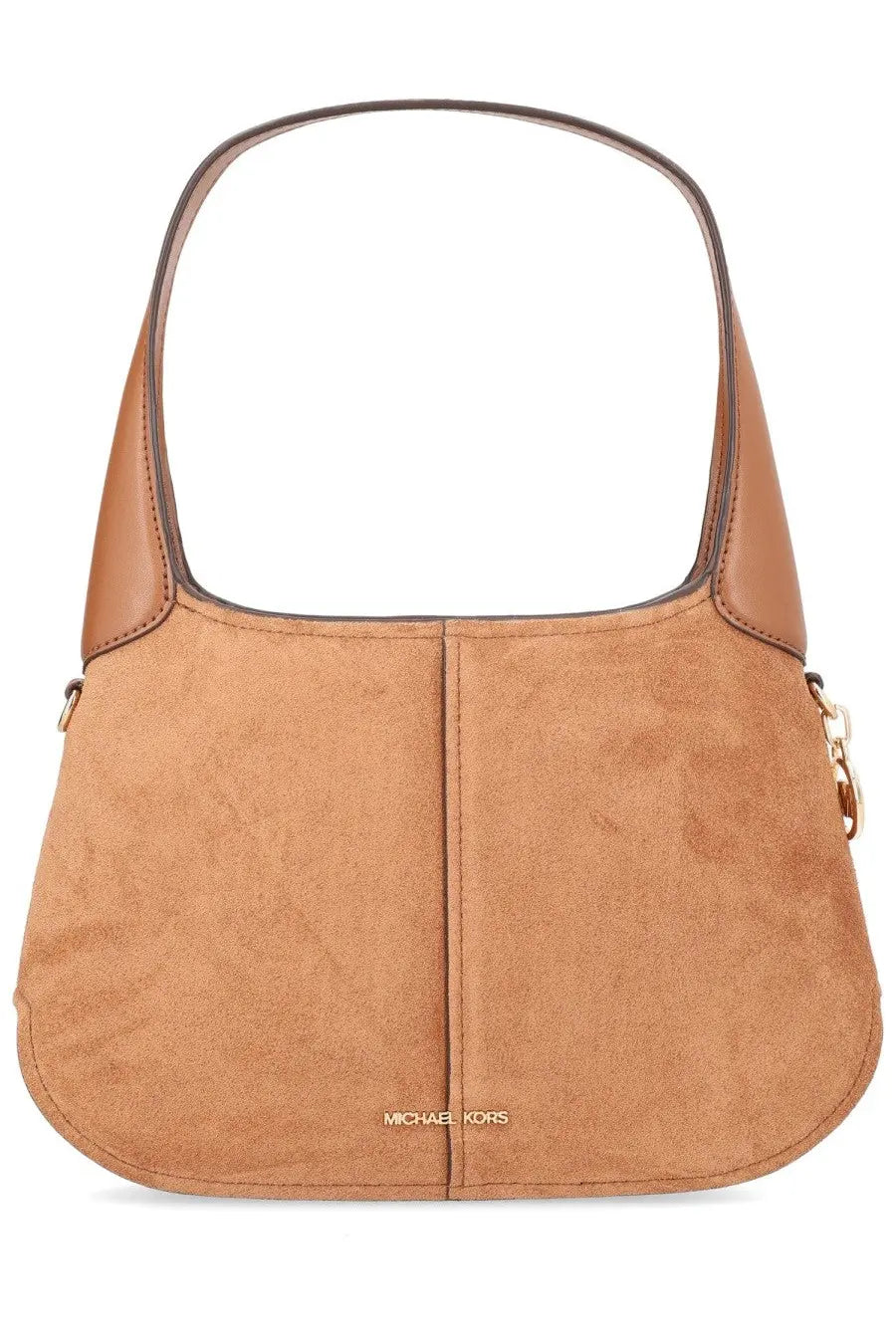 Michael Kors women’s small Alice shoulder bag in tan suede with brown leather trim and gold-tone hardware