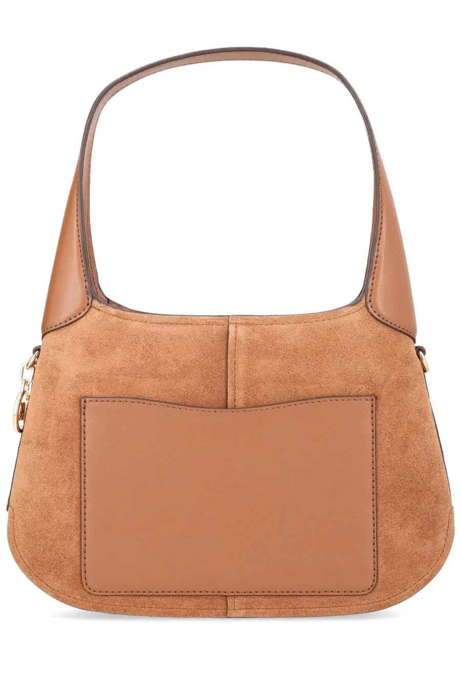 Michael Kors women’s small alice bag brown tan suede with smooth leather front pocket and gold tone hardware