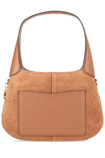 Michael Kors women’s small alice bag brown tan suede with smooth leather front pocket and gold tone hardware