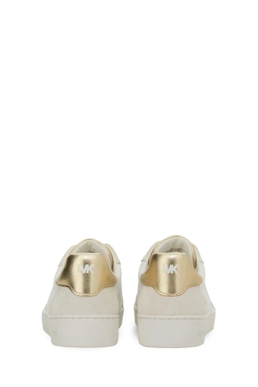 Cream-colored michael kors women’s sneaker scotty yellow with gold metallic heel tabs and white rubber soles back view