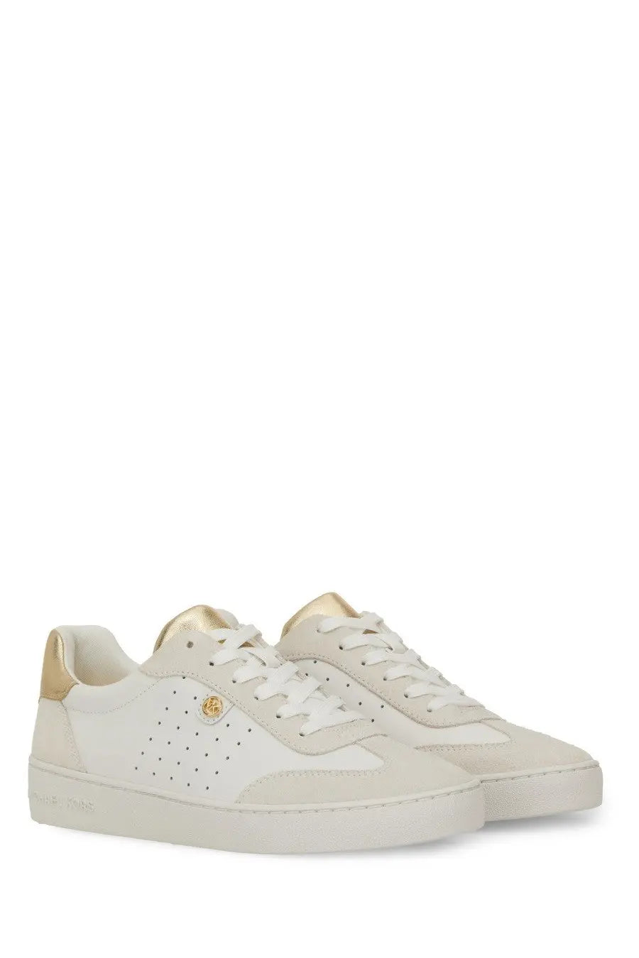 Michael Kors women’s white leather sneaker Scotty yellow with gold-tone accents and perforated detailing