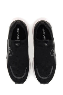 Michael Kors women’s sneaker trainer black knit slip-on sneakers with sleek modern design and subtle gray branding details