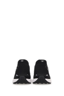 Michael Kors women’s sneaker trainer black knit slip-on sneakers with white rubber soles and subtle logo on the side