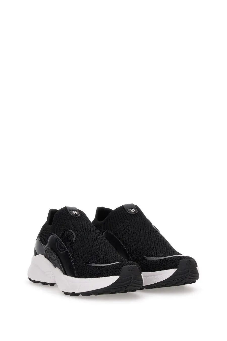 Michael Kors women’s sneaker trainer black with black mesh slip-on design white rubber sole and glossy black accents