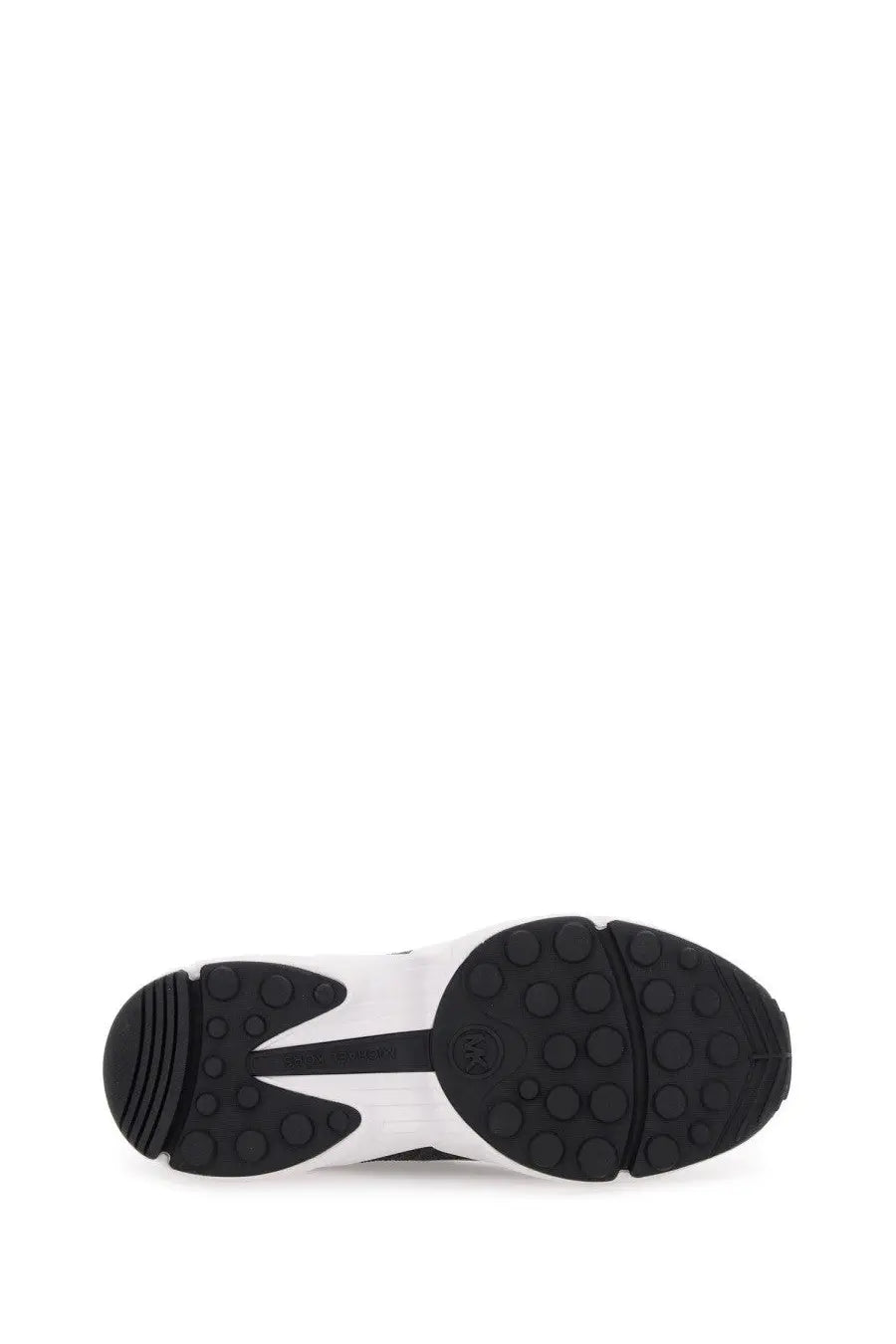 Michael Kors women’s sneaker trainer black with white accents and textured rubber sole featuring circular treads