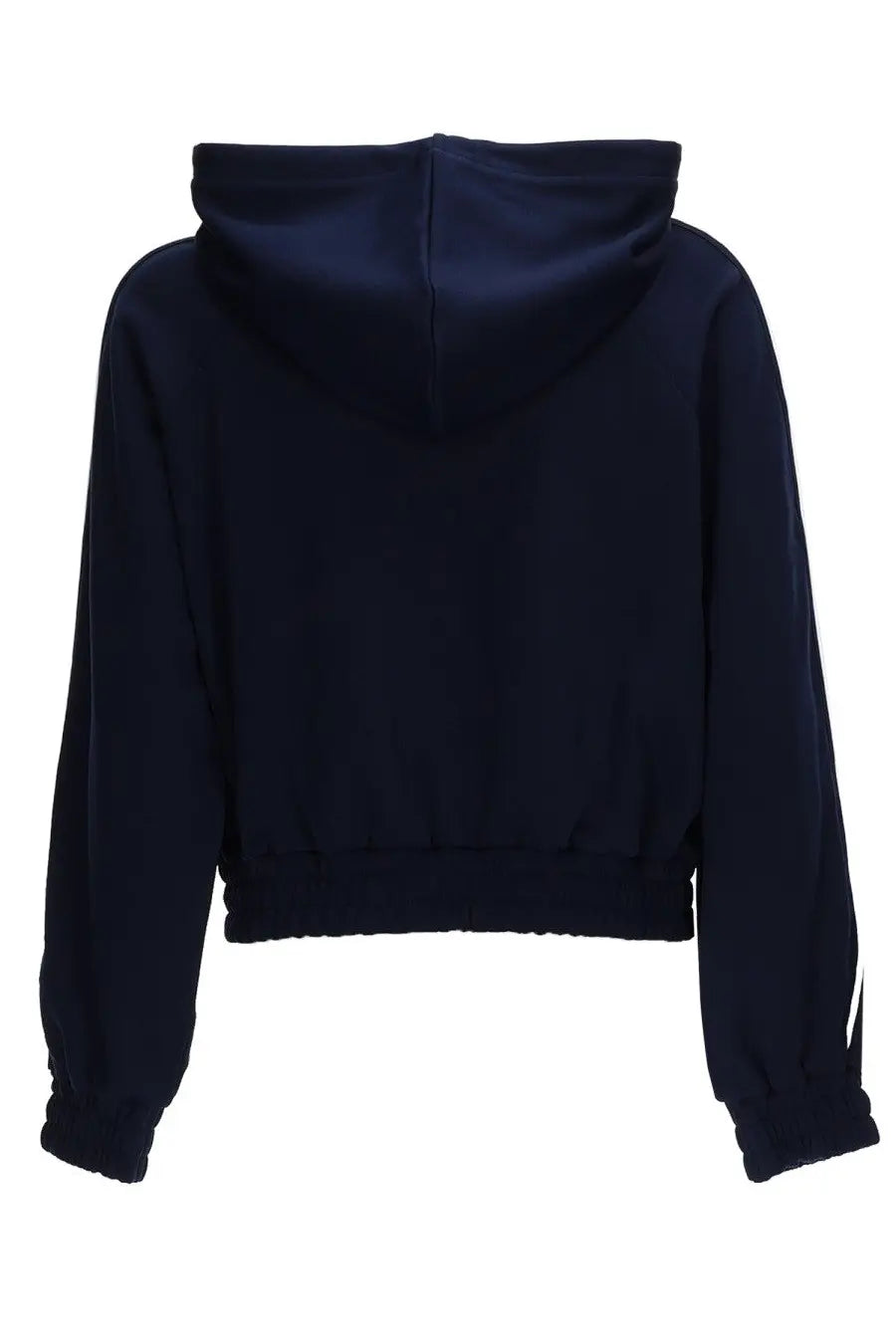 Michael Kors women’s navy blue cropped hoodie with white stripe detail on sleeve, casual sports top design