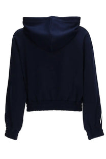 Michael Kors women’s navy blue cropped hoodie with white stripe detail on sleeve, casual sports top design