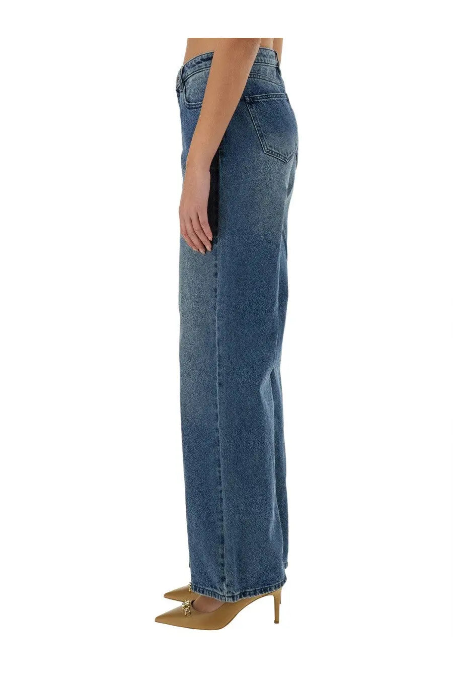Michael kors women’s straight leg jeans in medium blue denim with classic stitching and back pockets shown from rear