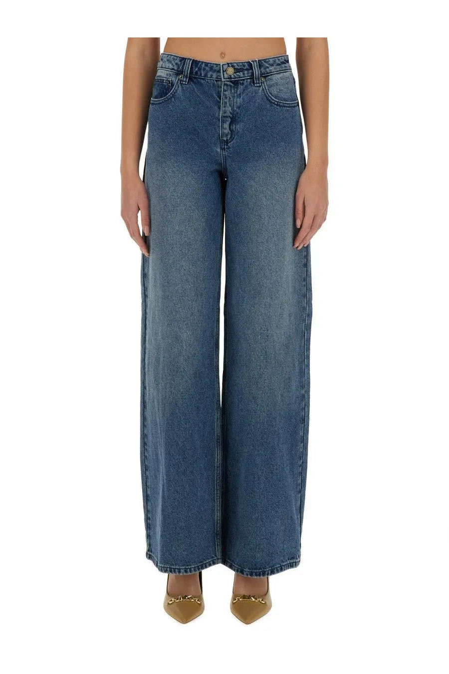 Michael Kors women’s straight leg jeans in blue medium wash denim with classic stitching and button closure
