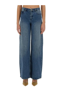 Michael Kors women’s straight leg jeans in blue medium wash denim with classic stitching and button closure