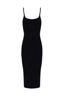 Michael Kors women’s black stretch knit ribbed spaghetti strap dress with embellished shoulder straps