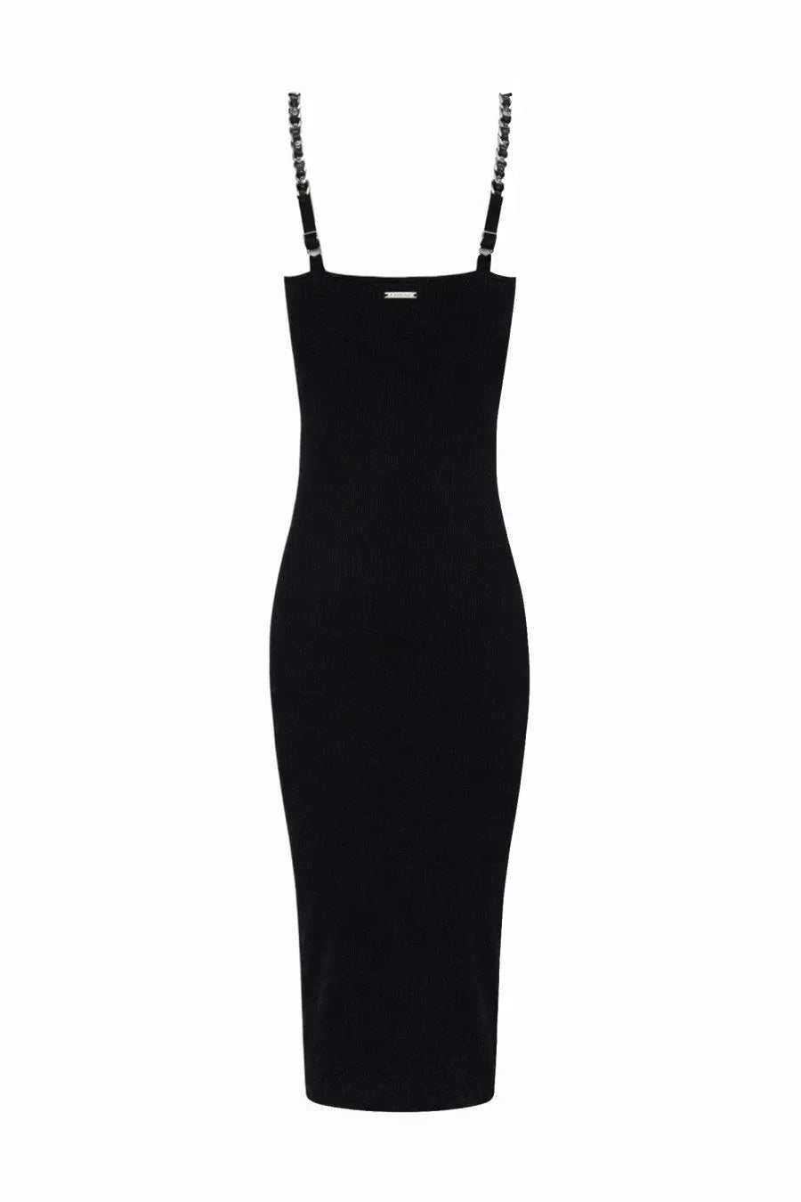 Michael kors women’s black stretch knit dress with chain-link shoulder straps and a sleek form-fitting silhouette