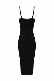 Michael kors women’s black stretch knit dress with chain-link shoulder straps and a sleek form-fitting silhouette