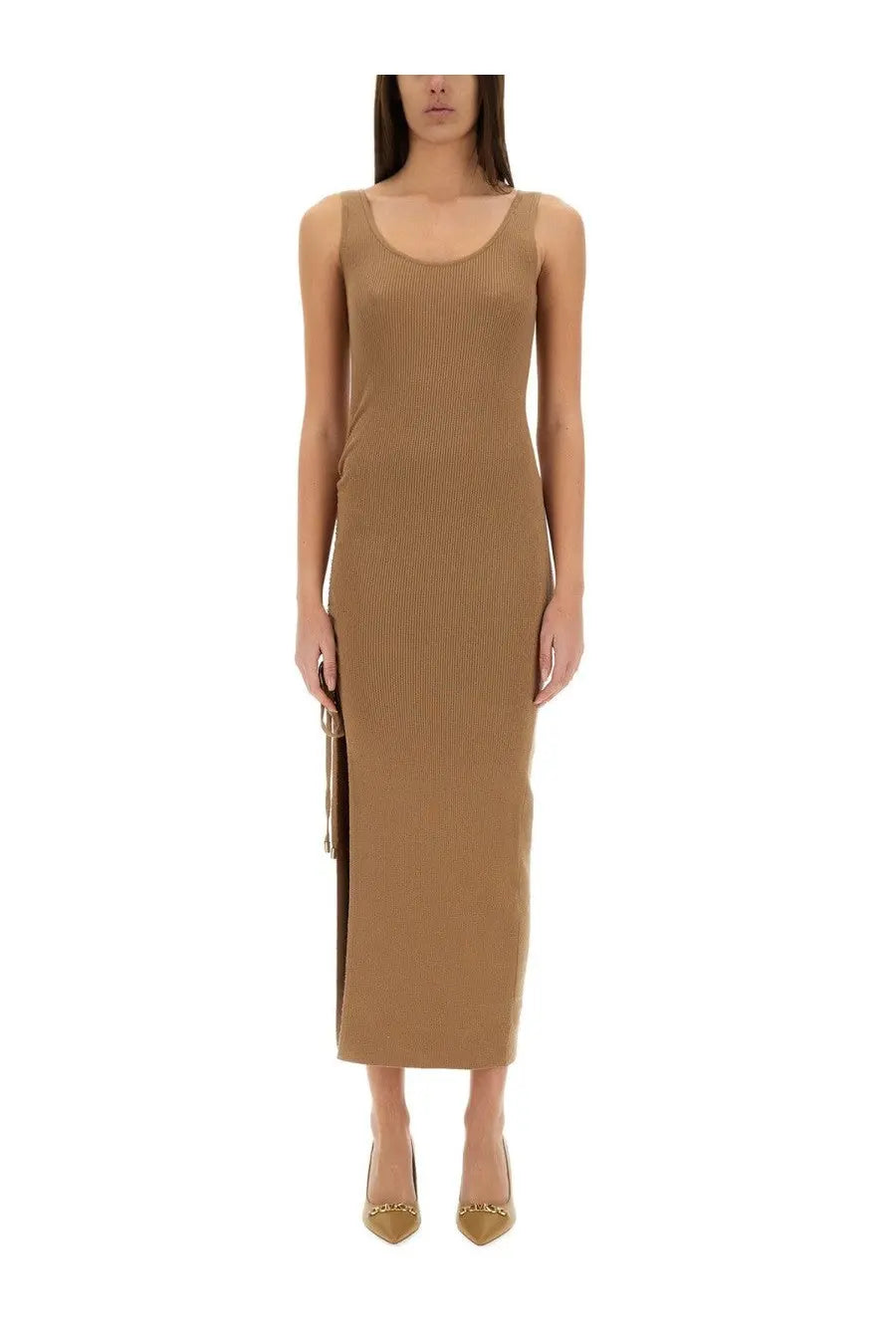 Michael Kors women’s beige ribbed sleeveless midi camisole dress in stretch wool blend with side slit