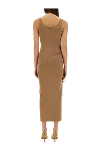 Back view of a ribbed camel-colored michael kors women’s stretch wool blend camisole midi dress with side slit