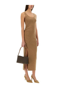 Michael Kors women’s tan ribbed knit sleeveless midi wool blend dress with side slit and ruched detail